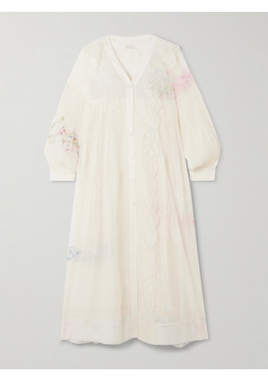 Eka - Viola Lace-trimmed Printed Embroidered Cotton And Silk-blend Voile Midi Dress - Ecru - x small,small,medium,large,x large