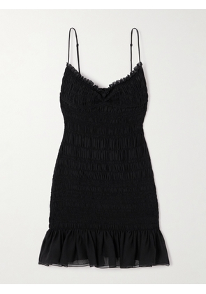 SAINT LAURENT - Smocked Ruffled Silk-crepon Mini Dress - Black - FR 36,FR 38