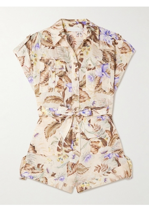 Zimmermann - Coco Belted Printed Linen Playsuit - Neutrals - 00,1,2,3,4