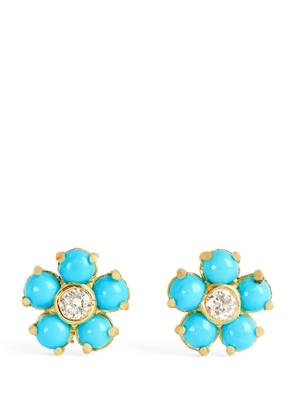 Jennifer Meyer Yellow Gold, Diamond and Turquoise Flower Stud Earrings