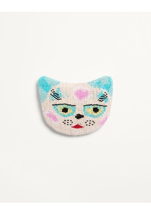 Valentino Garavani LE CHAT DE LA MAISON BROOCH IN JACQUARD FABRIC WITH RESIN BEAD EMBROIDERY Woman MULTICOLOUR UNI