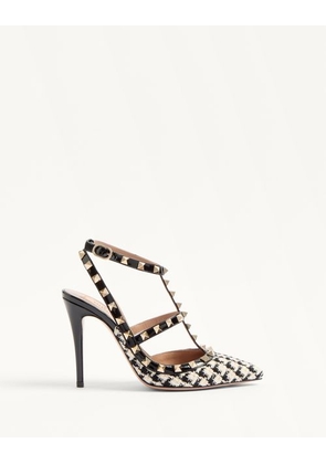 Valentino Garavani ROCKSTUD PUMP IN PIED-DE-POULE FABRIC 100MM Woman LATTE/BLACK 35.5