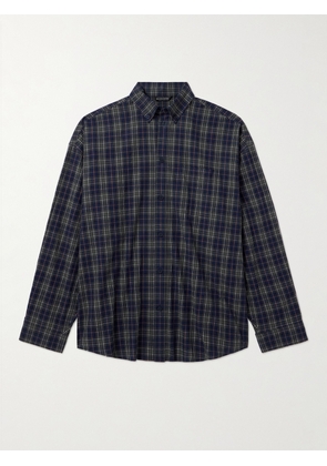 Balenciaga - Oversized Button-Down Collar Logo-Print Checked Cotton-Flannel Shirt - Men - Blue - 1