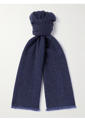 Brunello Cucinelli - Fringed Herringbone Cashmere Scarf - Men - Blue