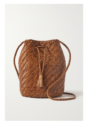 Dragon Diffusion - Pompom Double Jump Woven Leather Bucket Bag - Brown - One size