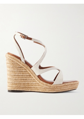 Jimmy Choo - Ayla 110 Leather-trimmed Canvas Espadrille Wedge Sandals - Cream - IT36,IT36.5,IT37,IT37.5,IT38,IT38.5,IT39,IT39.5,IT40,IT40.5,IT41,IT41.5,IT42