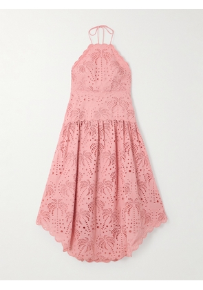 Farm Rio - Palm Tree Scalloped Broderie Anglaise Cotton Midi Dress - Pink - xx small,x small,small,medium,large,x large
