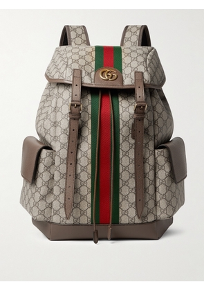 Gucci - Ophidia Leather and Webbing-Trimmed Monogrammed Coated-Canvas Backpack - Men - Brown