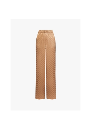 Womens Gucci Monogram-Print Wide-Leg Mid-Rise Satin Trousers
