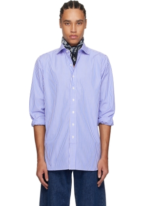 Drake's White & Blue Bengal Stripe Cotton Poplin Shirt
