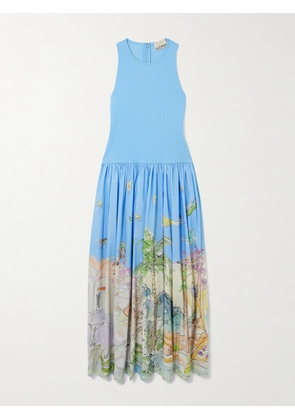 ALÉMAIS - + Anouk Colantoni Ribbed Organic Cotton-jersey And Printed Organic Cotton-poplin Midi Dress - Blue - US0,US2,US4,US6,US8,US10,US12