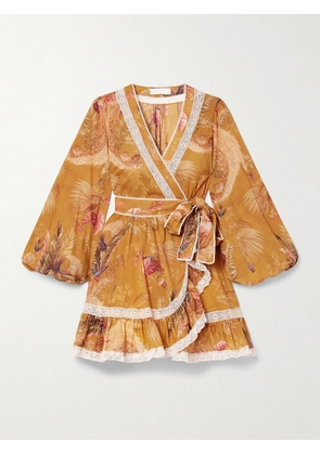 Zimmermann - Ascension Lace-trimmed Tiered Printed Cotton-voile Mini Wrap Dress - Yellow - 00,0,1,2,3,4