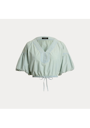 Chambray Cropped Bubble-Sleeve Blouse