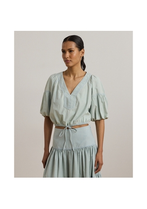 Chambray Cropped Bubble-Sleeve Blouse