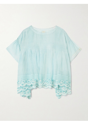 Eka - Cai Pintucked Embroidered Checked Cotton And Silk-blend Voile Blouse - Blue - One size