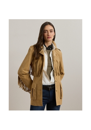 Fringe-Trim Belted Goat-Suede Jacket