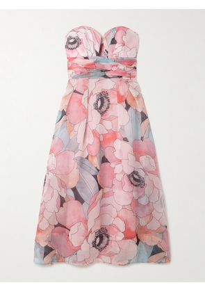 Rebecca Vallance - Strapless Gathered Floral-print Silk-organza Midi Dress - Pink - UK 4,UK 6,UK 8,UK 10,UK 12,UK 14