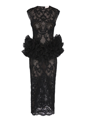 Zimmermann - Ruffled Lace Peplum Midi Dress - Black - 2 - Moda Operandi