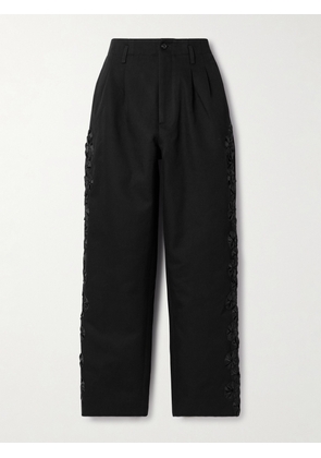 BODE - Ribbon Garland Satin-trimmed Pleated Cotton-twill Wide-leg Pants - Black - 25,26,27,28,29,30,31
