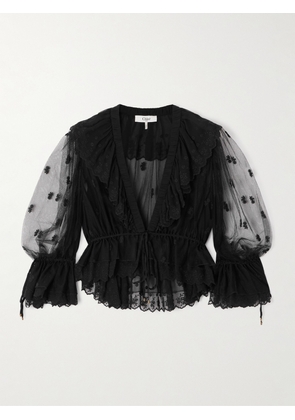 Chloé - Cropped Ruffled Embroidered Mesh Blouse - Black - FR 34,FR 36,FR 38,FR 40,FR 42,FR 44,FR 46