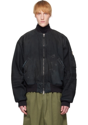 Balenciaga Navy Distressed Denim Bomber Jacket