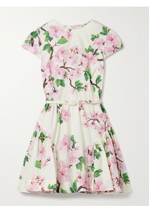 Oscar de la Renta - Belted Tiered Floral-print Cotton-blend Poplin Mini Dress - Ivory - US0,US2,US4,US6,US8,US10,US12