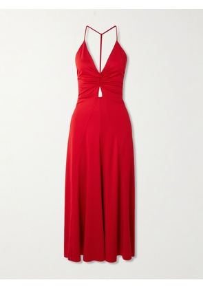Victoria Beckham - Cutout Ruched Satin-jersey Midi Dress - Red - UK 4,UK 6,UK 8,UK 10,UK 12,UK 14,UK 16