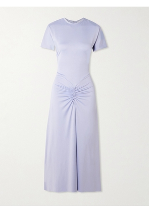 Victoria Beckham - Gathered Satin-jersey Midi Dress - Blue - UK 4,UK 6,UK 8,UK 10,UK 12,UK 14,UK 16