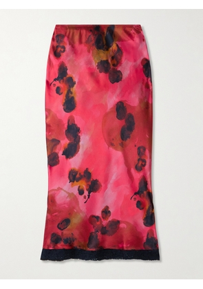 Victoria Beckham - Lace-trimmed Floral-print Silk-satin Midi Skirt - Red - UK 4,UK 6,UK 8,UK 10,UK 12,UK 14,UK 16