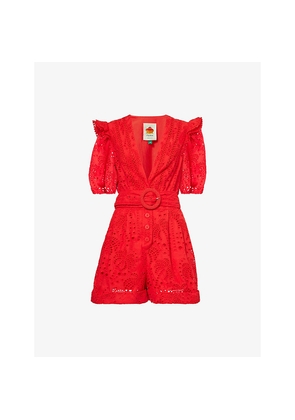 Womens Farm Rio Broderie Puff-Sleeve Cotton Romper Playsuit