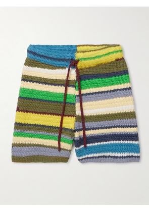The Elder Statesman - Straight-Leg Striped Crocheted Organic Cotton Drawstring Shorts - Men - Yellow - XL/XXL