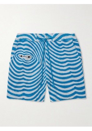 The Elder Statesman - Straight-Leg Embroidered Striped Organic Cotton-Terry Drawstring Shorts - Men - Blue - S