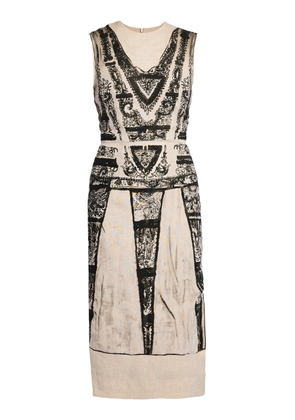 Erdem - Printed Linen Pencil Midi Dress - Neutral - UK 6 - Moda Operandi