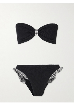 Hunza G - Jean Ruffled Gingham-trimmed Seersucker Bandeau Bikini - Black - Beachwear One Size