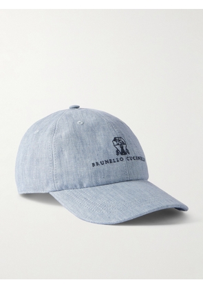 Brunello Cucinelli - Logo-Embroidered Leather-Trimmed Herringbone Linen Baseball Cap - Men - Blue - M