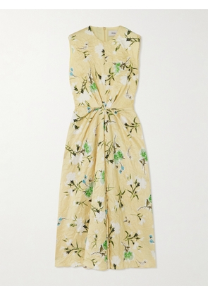Erdem - Gathered Floral-print Crinkled-satin Midi Dress - Yellow - UK 6,UK 8,UK 10,UK 12,UK 14,UK 16,UK 18,UK 20,UK 22