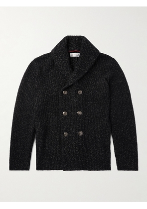Brunello Cucinelli - Shawl-Collar Double-Breasted Ribbed Virgin Wool, Silk and Cashmere-Blend Cardigan - Men - Black - IT 48