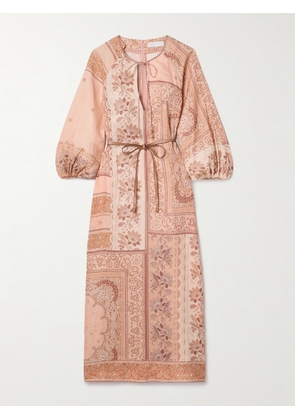Zimmermann - Lucky Leather-trimmed Belted Paisley-print Linen Midi Dress - Orange - 00,0,1,2,3,4