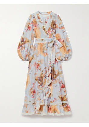 Zimmermann - Ascension Lace-trimmed Tiered Printed Cotton-voile Midi Wrap Dress - Blue - 00,0,1,2,3,4