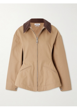 MCQUEEN - Leather-trimmed Cotton-canvas Peplum Jacket - Neutrals - IT38,IT40,IT42