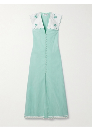 Cristiano Marcheli - Isabella Embroidered Silk Dupioni-trimmed Striped Cotton-poplin Maxi Dress - Green - x small,small,medium,large,x large