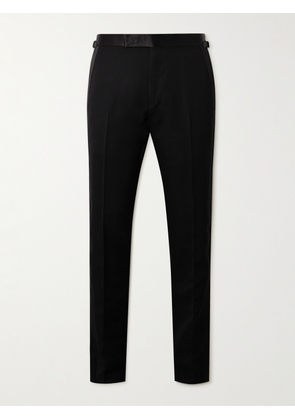 TOM FORD - Straight-Leg Pleated Satin-Trimmed Grain De Poudre Wool and Mohair-Blend Tuxedo Trousers - Men - Black - IT 44
