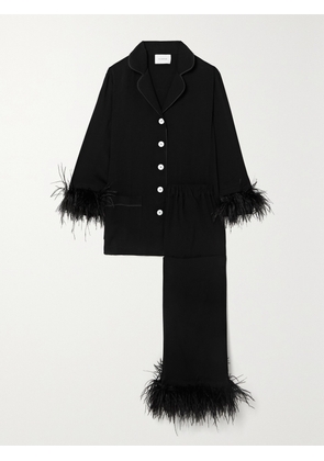 SLEEPER - + Net Sustain Feather-trimmed Crepe De Chine Pajama Set - Black - XS,S,M,L,XL,2XL,3XL