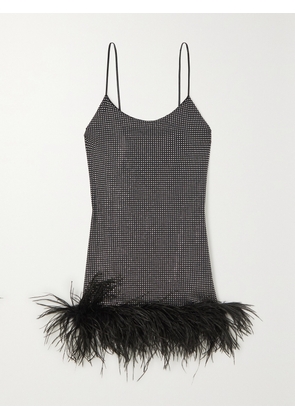 LESLIE AMON - Laurie Feather-trimmed Crystal-embellished Stretch-jersey Mini Dress - Black - x small,small,medium,large,x large