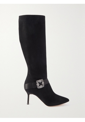 Manolo Blahnik - Pliniahi 70 Embellished Satin-trimmed Suede Knee Boots - Black - IT35,IT35.5,IT36,IT36.5,IT37,IT37.5,IT38,IT38.5,IT39,IT39.5,IT40,IT40.5,IT41,IT41.5,IT42