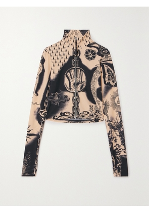 Jean Paul Gaultier - Cropped Printed Stretch-jersey Mock-neck Top - Neutrals - xx small,x small,small,medium,large,x large,xx large