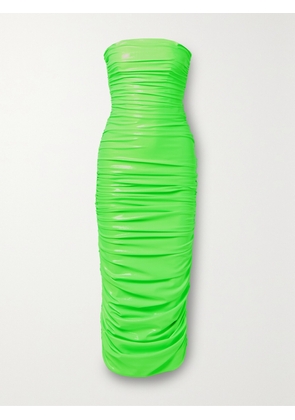 SERGIO HUDSON - Strapless Ruched Neon Coated Stretch-jersey Midi Dress - Green - US2,US4