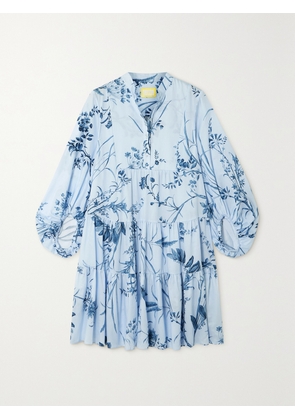 Erdem - Tiered Floral-print Cotton-voile Mini Shirt Dress - Blue - UK 6,UK 8,UK 10,UK 12,UK 14,UK 16,UK 18