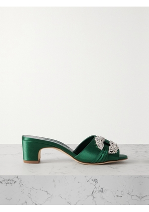Manolo Blahnik - Prinap 50 Crystal-embellished Ruched Satin Mules - Green - IT35,IT35.5,IT36,IT36.5,IT37,IT37.5,IT38,IT38.5,IT39,IT39.5,IT40,IT40.5,IT41,IT41.5,IT42,IT43