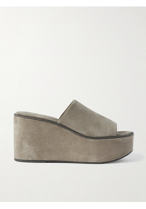 Brunello Cucinelli - Bead-embellished Suede Wedge Mules - Gray - IT36,IT36.5,IT37,IT37.5,IT38,IT38.5,IT39,IT39.5,IT40,IT40.5,IT41